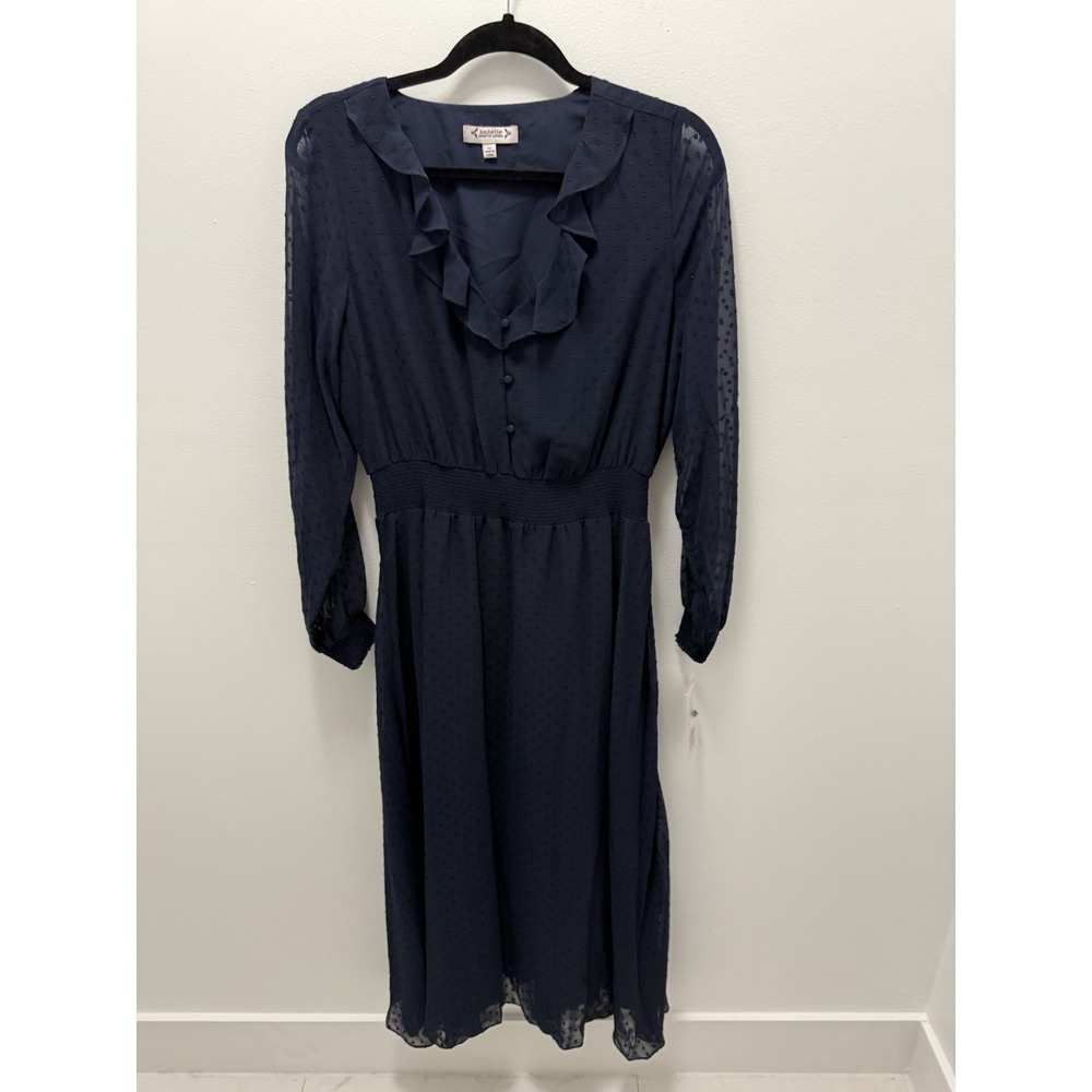 Nanette Lepore Navy Swiss Dot Midi Dress 10 Ruffle Neck Sheer Long Sleeve Nwt